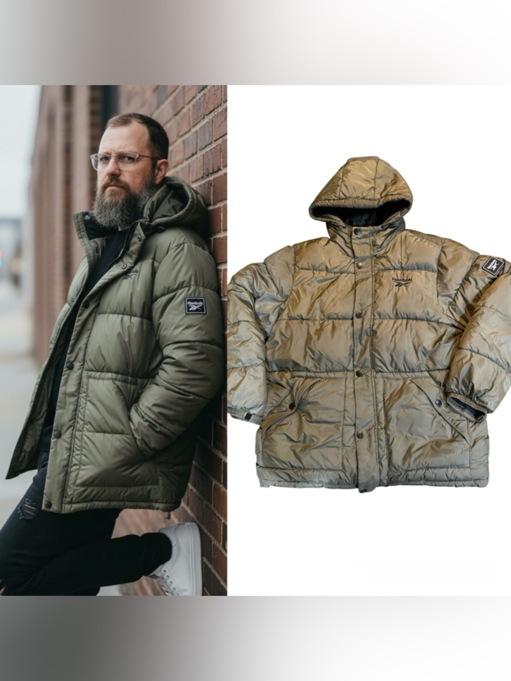 Reebok Classic Heavyweight Quilted Y2K Puffer Jacket In Olive Green Size XL